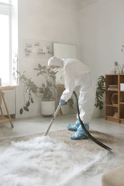 Close-up view of a carpet cleaning vacuum cleaner with a transparent dustbin filled with water and foam, connected to a flexible, patterned hose. The vacuum is positioned on a pinkish-beige carpet in 